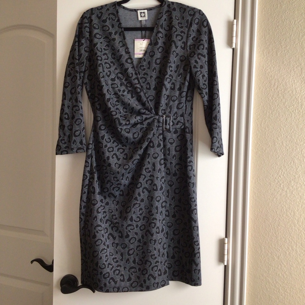 Anne Klein Charcoal Leopard Long Sleeve Dress